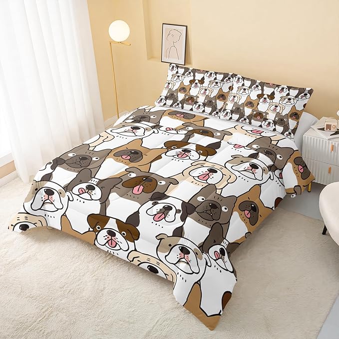 QOOMO Kawaii Dog Comforter Full Size,Dogs Comforter Set for Kids Teens Girls Boys,3Pcs Bedding Set Printed Comforter with 2 Pillowcases,Down Alternative,Soft and Lightweight，Full Size