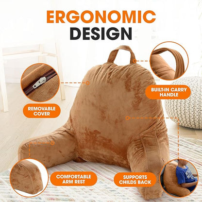 Cheer Collection Reading Pillow with Arms – Portable Bed Pillow for Sitting Up & Support, Foam-Filled Back Rest Pillow for Sitting in Bed & Couch, Machine Washable, Brown