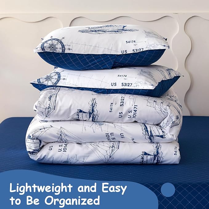 Simple&Opulence 100% Organic Cotton Duvet Cover for Kids Teens, 4 Pieces Soft Cartoon Comforter Cover with Zipper Closure, Boys Bedding Set with Sailboat Pattern,Full/Queen