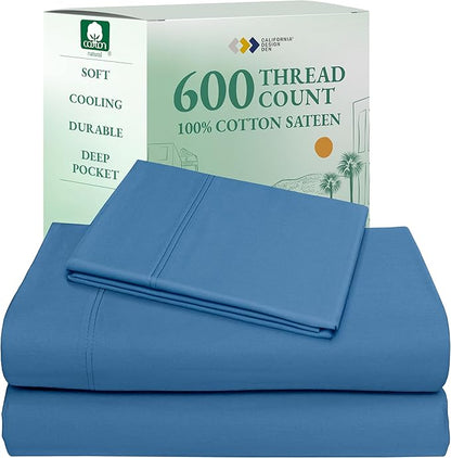 California Design Den Twin Sheet Set - Luxury 600 Thread Count Sateen, Natural 100% Cotton Sheets, Fully Elasticized Deep Pockets, Crisp, Cool and Durable Hotel Quality Bedding - Parisian Blue