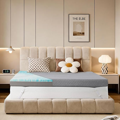 Vipbear Short Queen Size 4 Inch Mattress Topper, Cooling Gel Memory Foam with Bamboo Fiber Cover, Medium Firm Spine Support