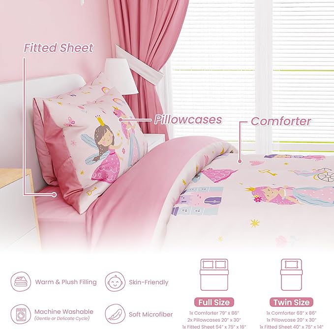 SANDJEST Princess Comforter Set Full Size 98x86in for Kids Girls, Microfiber Bedding Set 4 Pcs Includes 1 Comforter, 2 Pillowcases, 1 Fitted Sheet, Nursery Room Decor Christmas Birthday