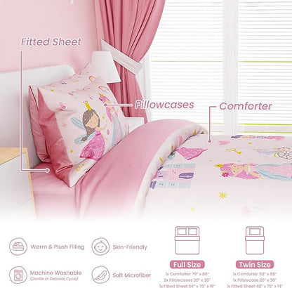 SANDJEST Princess Comforter Set Full Size 98x86in for Kids Girls, Microfiber Bedding Set 4 Pcs Includes 1 Comforter, 2 Pillowcases, 1 Fitted Sheet, Nursery Room Decor Christmas Birthday