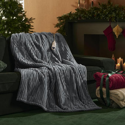 Bedsure GentleSoft Heated Blanket Electric Throw - Soft Ribbed Flannel Electric Blanket, Heating with 4 Time Settings, 6 Heat Levels, 3 hrs Timer Auto Shut Off, Gifts for Grandma (50x60 inches, Grey)
