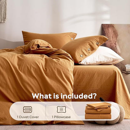 JELLYMONI 100% Washed Cotton Duvet Cover Twin – Soft, Breathable Linen-Look Bedding with Natural Wrinkle Texture, Button Closure, 3-Piece Set (Amber Orange, 68"x90")