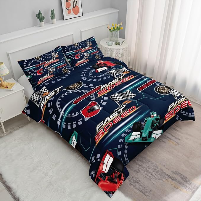 Cartoon Racing Comforter Set Extreme Sports Printed Bedding Set with 1 Comforter and 2 Pillowcases for Boys and Girls Bedroom All Season(Racing Full)
