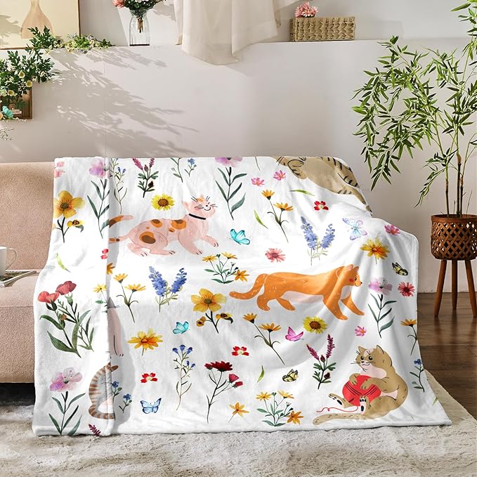 Floral Throw Blanket Birthday Gift for Women Mom Girls Kids Cat Lover Cat Flower Blanket Summer Wildflower Flannel Blanket Watercolor Printed Throw for Couch Sofa Bed Chair 60"x80"