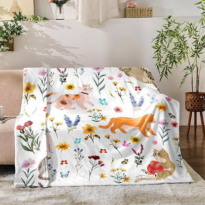 Floral Throw Blanket Birthday Gift for Women Mom Girls Kids Cat Lover Cat Flower Blanket Summer Wildflower Flannel Blanket Watercolor Printed Throw for Couch Sofa Bed Chair 60"x80"