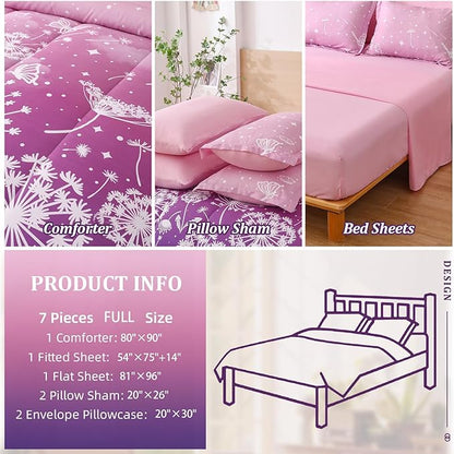 Menghomeus Girls Comforter Set Full Size 7 Pieces Bed in A Bag Ombre Pink Purple Rainbow Bedding Set Dandelion Butterfly Print Kids Bedding Collections