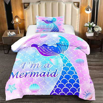 Twin Mermaid Bedding Sets for Girls Pink Mermaid Twin Comforter Set for Girls Soft Ocean Life Breathable Quilt with Pillowcase, 2Pcs