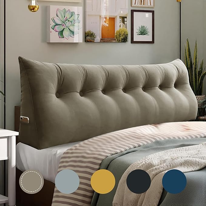 WOWMAX 100% Cotton Velvet Headboard Pillow – King Size Wedge Back Support Reading Bolster for Bed & Daybed, Handmade Firm Support Cushion with Removable Cover, Soft Luxury Bed Rest Pillow, Beige Gray