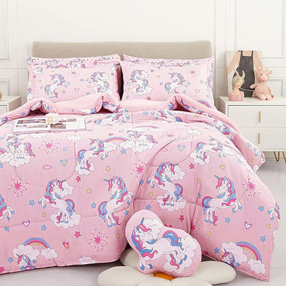 Mooreeke Kids Full Comforter Sets for Girls 8 Pieces Pink Unicorn Bedding Set for Teens Soft Microfiber Kids Bed in A Bag with Comforter, Sheet Set, Shams and Decorative Toy Pillow All Season