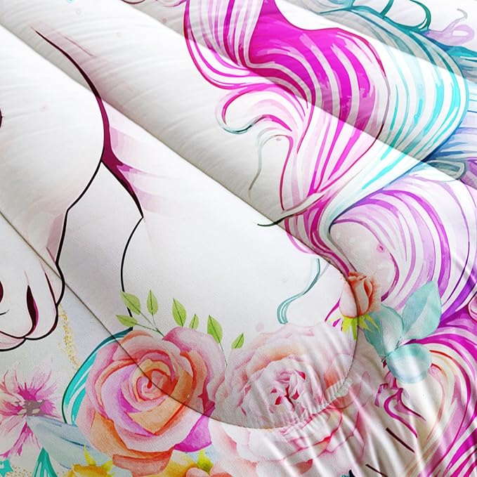 Kid Unicorn Comforter Set Twin Size 3Pcs Star Rose Marble Pattern Quilt Bedding Set for Boys Girls with 1 Comforter and 2 Pillowcases