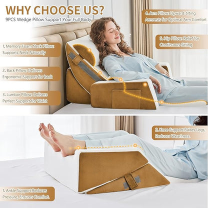 9PCS Wedge Pillow Set for After Surgery Recovery, Adjustable Memory Foam Neck Pillow, Foam Leg Pillow, Relieves Neck, Leg Pain, Sleep Apnea, and Functions as a Reading Pillow Brown