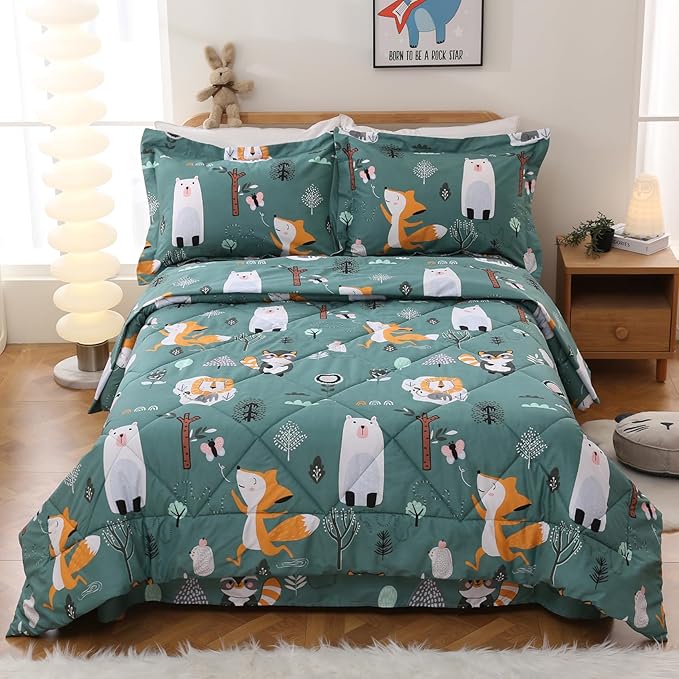 JSD Green Forest Animals Kids Comforter Set Queen Size, 3 Piece Woodland Printed Microfiber Bedding Set, Machine Washable