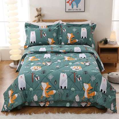 JSD Green Forest Animals Kids Comforter Set Queen Size, 3 Piece Woodland Printed Microfiber Bedding Set, Machine Washable
