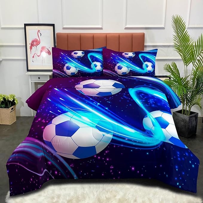 Peopleareok Soccer Comforter Set Queen (90x90 Inch), Purple Blue Soccer Theme Comforter, Sports Football Comforter, 3 Pieces Soft Microfiber Football Bedding Set for Boys Kids with 2 Pillowcases