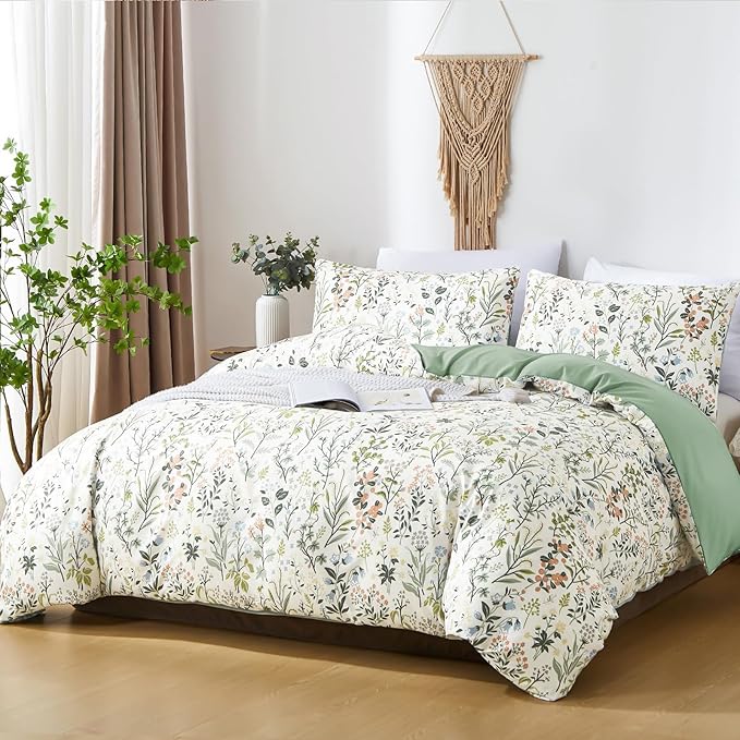 Green Botanical Floral Duvet Cover Set Full Size Reversible 3 Pieces Soft Microfiber Sage Green Comforter Cover with Zipper Ties for Men Women