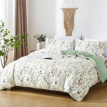 Green Botanical Floral Duvet Cover Set King Size Reversible 3 Pieces Soft Microfiber Sage Green Comforter Cover with Zipper Ties for Men Women