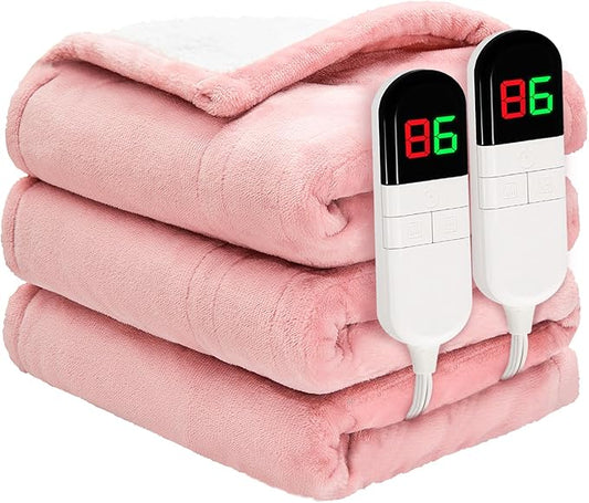 Heated Blanket Queen 84"×90" - Premium Cosy Soft Electric Blanket with 6 Heating Levels,Dual Control Fast Heating Flannel Sherpa Blanket for Bed & Couch,Auto Shut Off/Machine Washable (Pink)