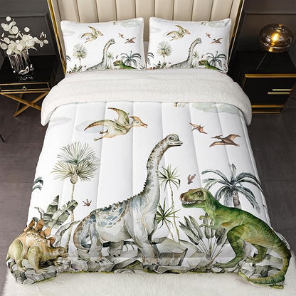 QOOMO Jurassic Period Dinosaurs Sherpa Comforter Set King, Primitive Senling Sherpa Fleece, Plush and Warm Bedding Comforter Sets, Down Alternative Ultra Soft and Cozy Comforter Set for Boys, 3-Piece