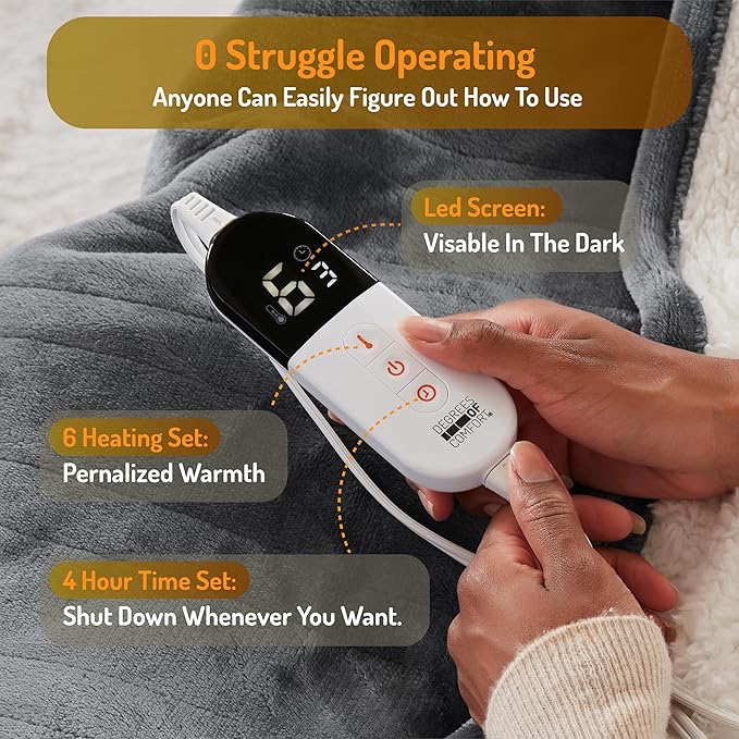 Degrees of Comfort Electric Blanket Twin Size - Soft Sherpa Flannel Heated Blankets - 6 Heat Settings, 10-Hour Auto Shut-Off, Overheat Protection, Etl Certified - 62x84'', Grey