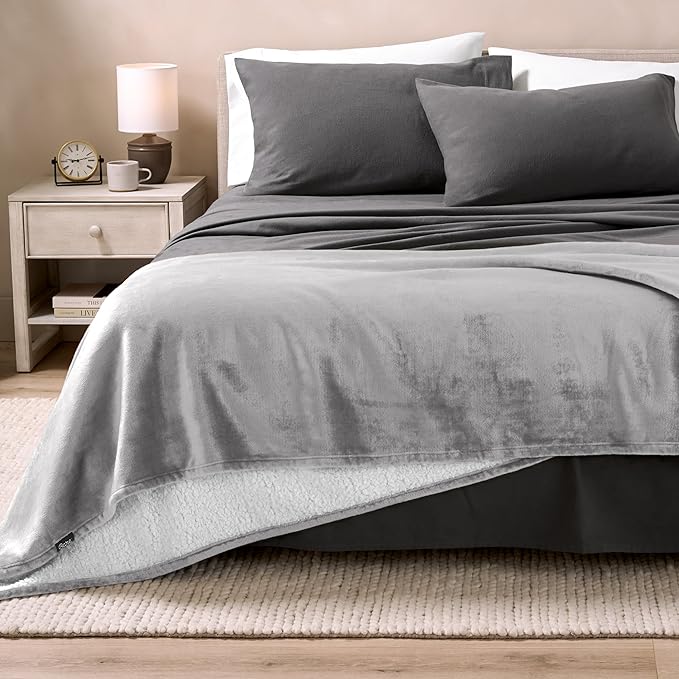 Bare Home Sherpa Fleece Blanket - Full/Queen Size - Blanket for Bed, Sofa, and Couch - Warm & Lightweight - Fluffy & Soft - Reversible (Full/Queen, Light Grey)
