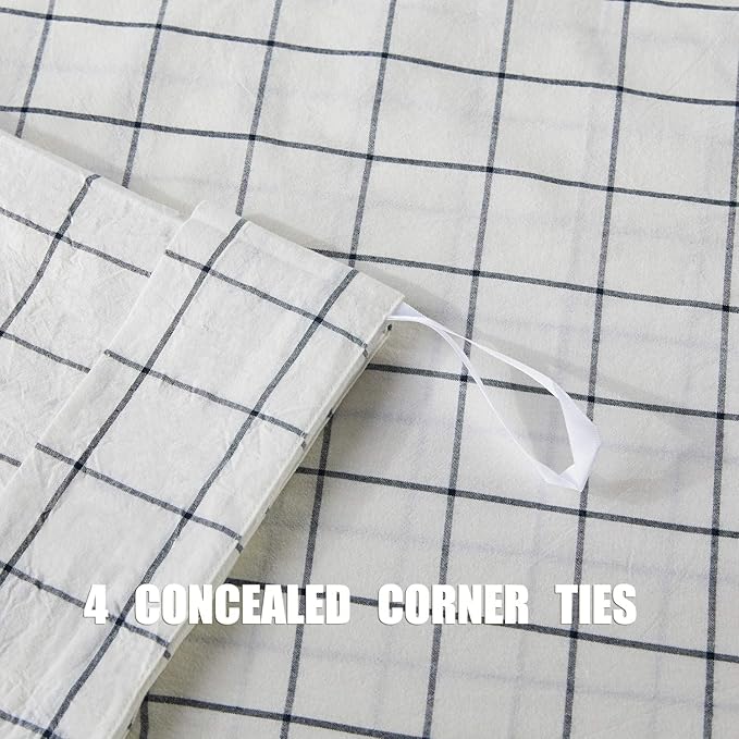 JELLYMONI Cotton Duvet Cover King Size - White Grid Plaid Comforter Cover with Button 100% Washed Cotton 3PCS Breathable Soft Bedding Set Duvet Cover 104×90in & 2 Pillowcases (NO Comforter)