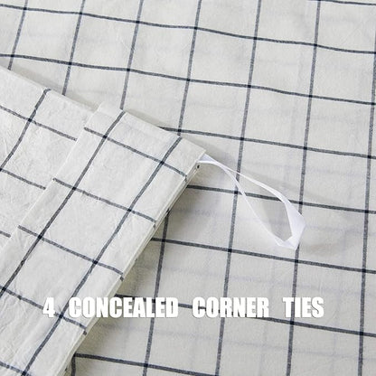 JELLYMONI Cotton Duvet Cover King Size - White Grid Plaid Comforter Cover with Button 100% Washed Cotton 3PCS Breathable Soft Bedding Set Duvet Cover 104×90in & 2 Pillowcases (NO Comforter)