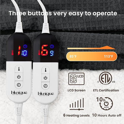 Heated Blanket Electric Blanket King Waffle, 90x100 Inches Dual Controllers Sherpa Fleece Fast Heating Blanket 6 Heating Levels & 10 Hours Auto Off ETL Certification,Charcoal Grey King