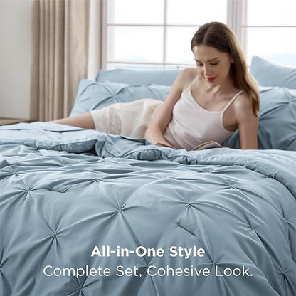 Bedsure King Size Comforter Set Light Blue - Bed in a Bag Bedding Set 7 Pieces, GentleSoft™ Pintuck Bed Set Gift for Family, Pinch Pleat Light Blue Comforter with Sheets, Pillowcases & Shams