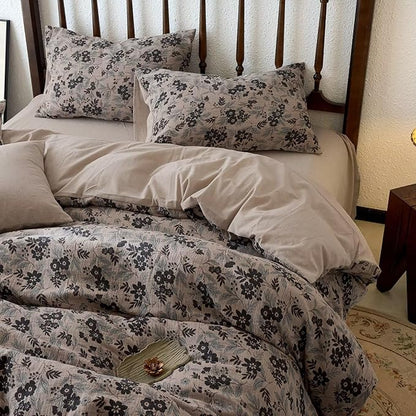 BuLuTu Vintage Muslin Duvet Cover Set Twin, 100% Cotton Linen Like Comforter Cover Boho Floral Quilt Cover with 2 Pillowcases, 86"x68", Soft Breathable Bedding Set, Zipper & Corner Ties