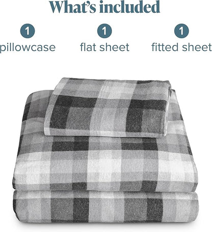 Bare Home Flannel Sheet Set Prints, 100% Cotton, Velvety Soft Heavyweight - Double Brushed Flannel - Deep Pocket (Twin XL, Oliver Plaid - Grey)