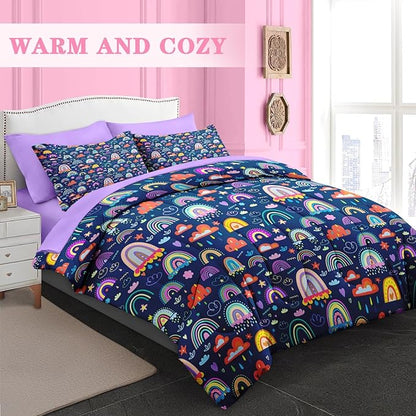 Comforter Set Queen Size, Cute Boho Rainbow 7 Pcs Bedding for Kids and Adults, Colorful Nursery Cloud Bed Sheet Sets with Fitted Sheet 2 Pillowcases & 2 Shams for Bedroom Bed Decor