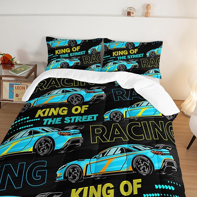 Car Bed for Boys Twin Comforter Set, Kids Racing Car Comforter Extreme Sports Bedding Set for Teens, Cool Blue Themed Children's Bedding with 2 Pillowcases