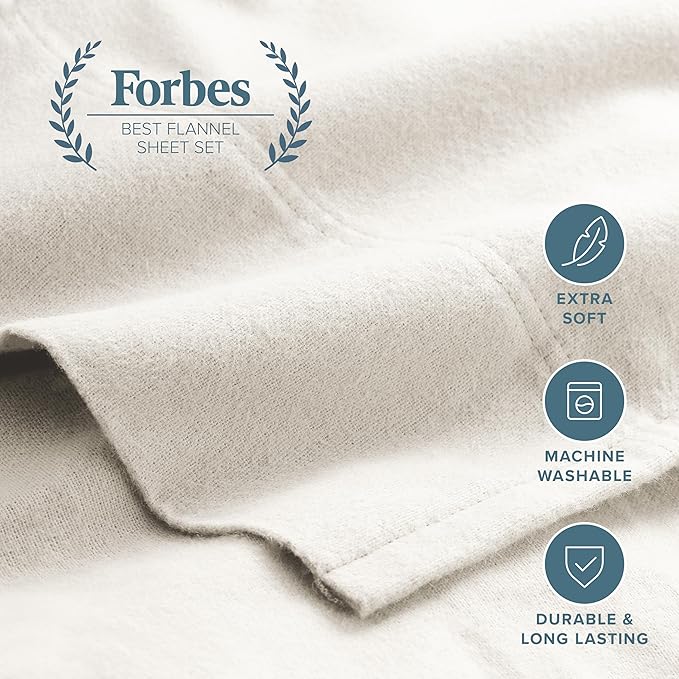 Bare Home Flannel Sheet Set 100% Cotton, Velvety Soft Heavyweight - Double Brushed Flannel - Deep Pocket (King, Cream)