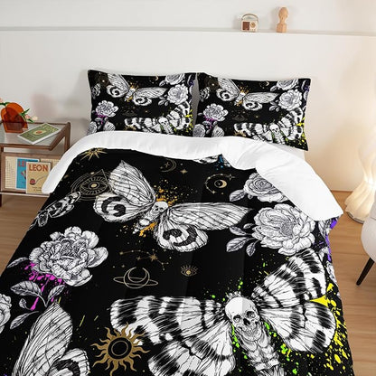 HOSIMA Death Moth Skull Heads Full Size Comforter Sets Horror Theme Halloween Bedding,Goth Bedding Set Floral Butterfly Bed Set Room Decor for Teen Girls Boys Black Comforter Set.