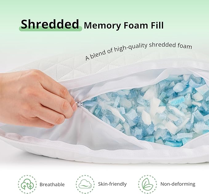 EGOHOME Shredded Memory Foam Pillows, Adjustable Bed Pillows for Side, Back or Stomach Sleepers, Neck Pillows for Sleeping, Queen Size Pillow with Removable Cover(Pack of 1, Adjustable)