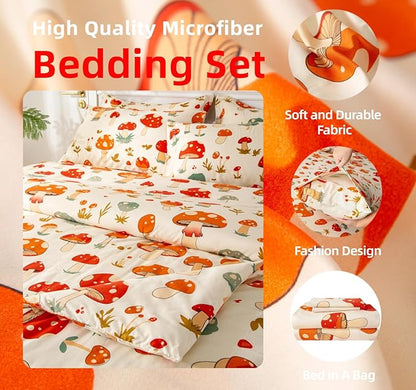 SDY 7 Piece Bedding Set Full,Cute Mushroom Bedding Set for Boys Girls Kids Bed in a Bag with Mushroom Sheets Comforter PillowSham Pillowcase