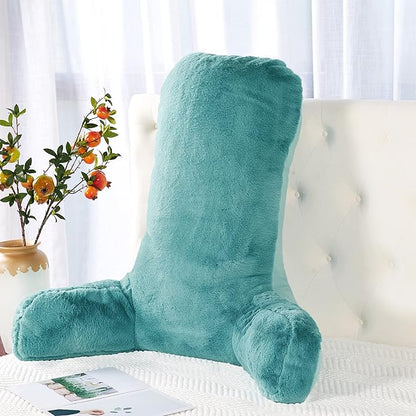 Faux Fur Assembly Need DIY Extra Large Backrest Reading Bed Rest Pillow with Arms and Pockets for Sitting in Bed Couch Sofa, Removable Cover & Filling Seprated, 28" x 30" x17", Aqua Blue