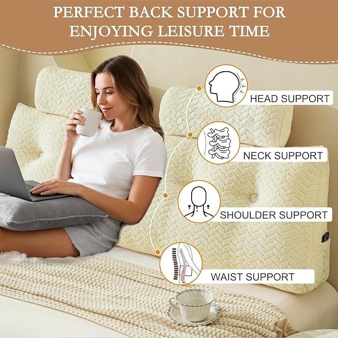 YOUR MOON Wedge Headboard Pillow King with 2 Pack Neck Roll Pillows, Triangular Wedge Backrest Pillow Headboard for Bed,Daybed,and Lounging, Large Bed Bolster Pillows,Off White
