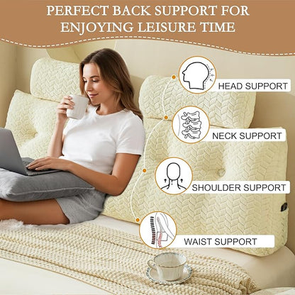 YOUR MOON Wedge Headboard Pillow King with 2 Pack Neck Roll Pillows, Triangular Wedge Backrest Pillow Headboard for Bed,Daybed,and Lounging, Large Bed Bolster Pillows,Off White