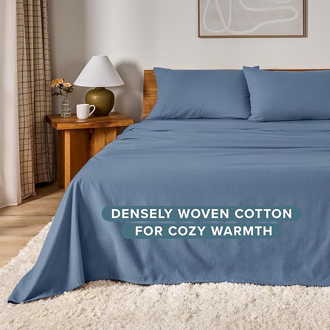 Bare Home Flannel Sheet Set 100% Cotton Twin Extra Long, Velvety Soft Heavyweight - Double Brushed Flannel - Deep Pocket (Twin XL, Coronet Blue)