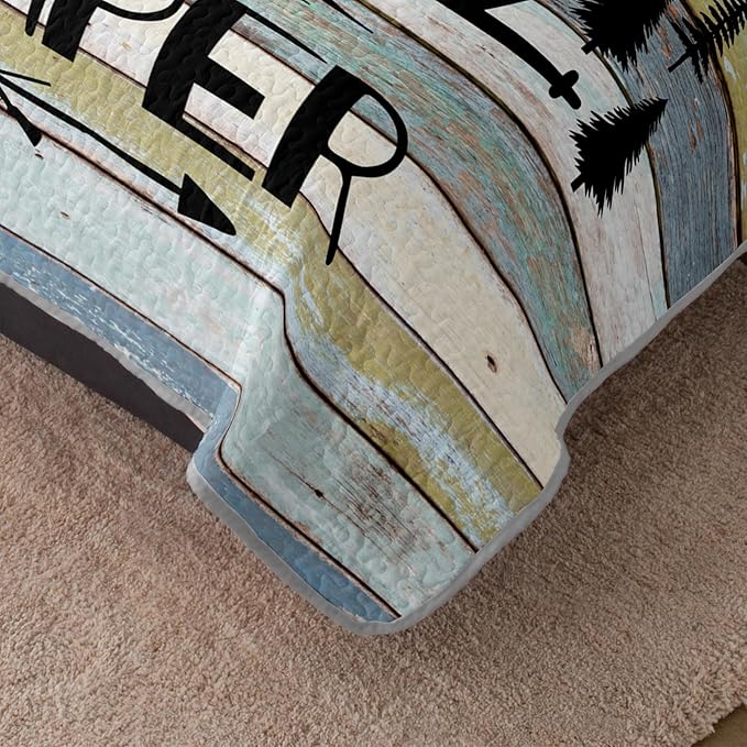 HOSIMA Vintage Camper Quilt Set Full Size,Lightweight Bedding Set for Adults,Camping Travel Trailer Printed Quilt for Camper Decor,Happy Camping Themed Bedding with 2 Pillowcases.