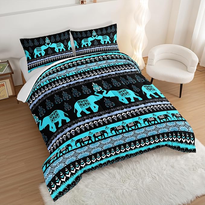 Western Comforter Set Queen Size Elephant Print Bedding for Kids,Blue Series Animal Themed Bedding Set for Boys Girls Room Decor,Boho Bedding Comforter Sets with 2 Pillowcases.
