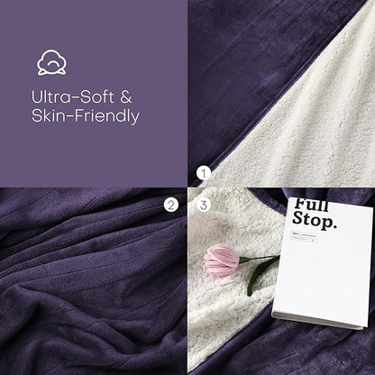 Electric Heated Blanket Throw Size 50"x60" - Flannel & Sherpa Fabric Dual-Sided, 6 Heat Settings & 1-3 Hours Auto Off, Soft & Cozy Warming Throw for Home, Office, or Bed, Machine Washable, Purple