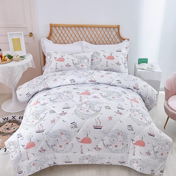 JSD Mermaid Twin Comforter Set for Girls, 2 Piece Ocean Theme Microfiber Comforter with Pillow Sham, Lightweight All Season Washable