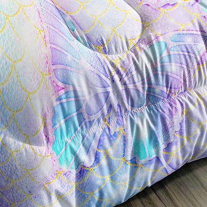 CVHOUSE Butterfly Comforter Set Full Size,Rainbow Mermaid Butterfliy Bedding Set for Kids Girls,Rainbow Mermaid Butterflies Quilt Set Butterfly Duvet Set Girl's Bedroom Decor 3 Pieces