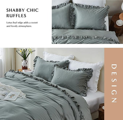 Simple&Opulence Kids 100% Organic Cotton Full Duvet Cover Ruffle 3Pcs(1 Comforter Cover 2 Pillowcases) Cute Lace Vintage Boho Shabby Chic Farmhouse Bedding Set Teen Girls(Gray, Full)