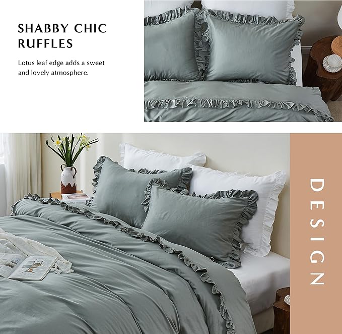 Simple&Opulence Kids 100% Organic Cotton Queen Duvet Cover Ruffle 3Pcs(1 Comforter Cover 2 Pillowcases) Cute Lace Vintage Boho Shabby Chic Farmhouse Bedding Set Teen Girls(Gray, Queen)